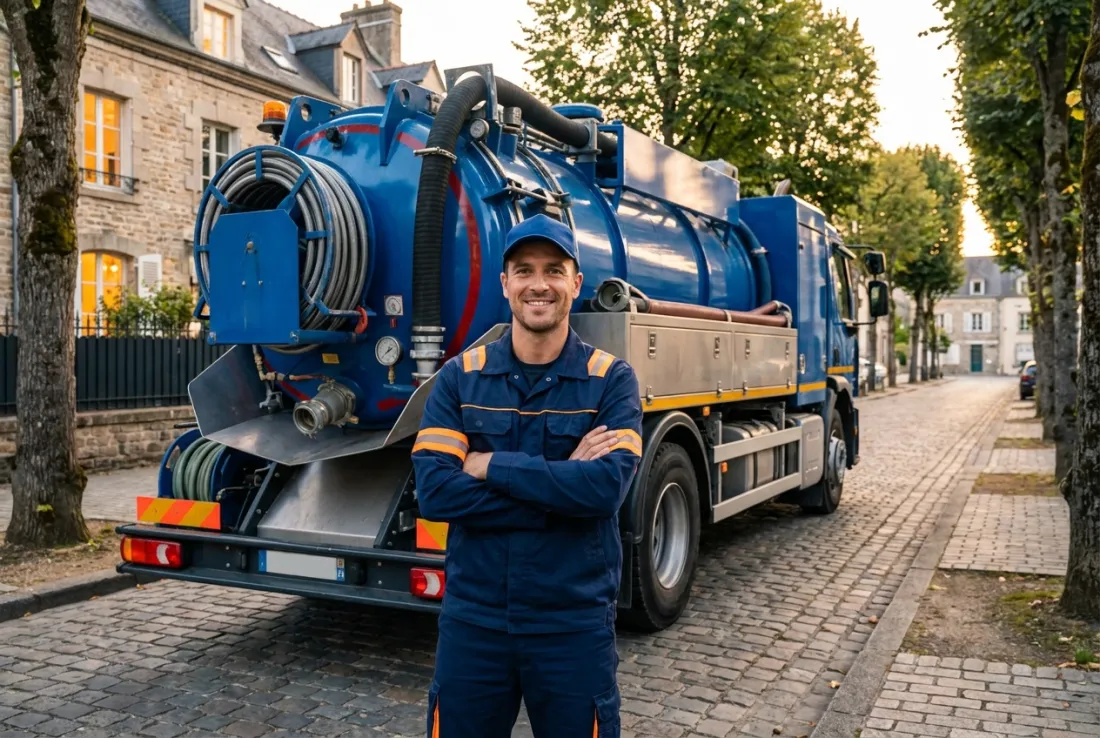 Technicien Hydronet devant son camion hydrocureur dans le Val-d'Oise