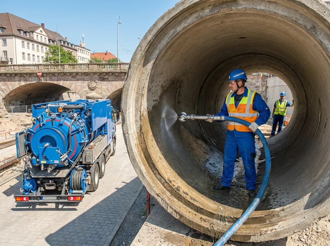 Curage haute pression d'une canalisation par un technicien Hydronet